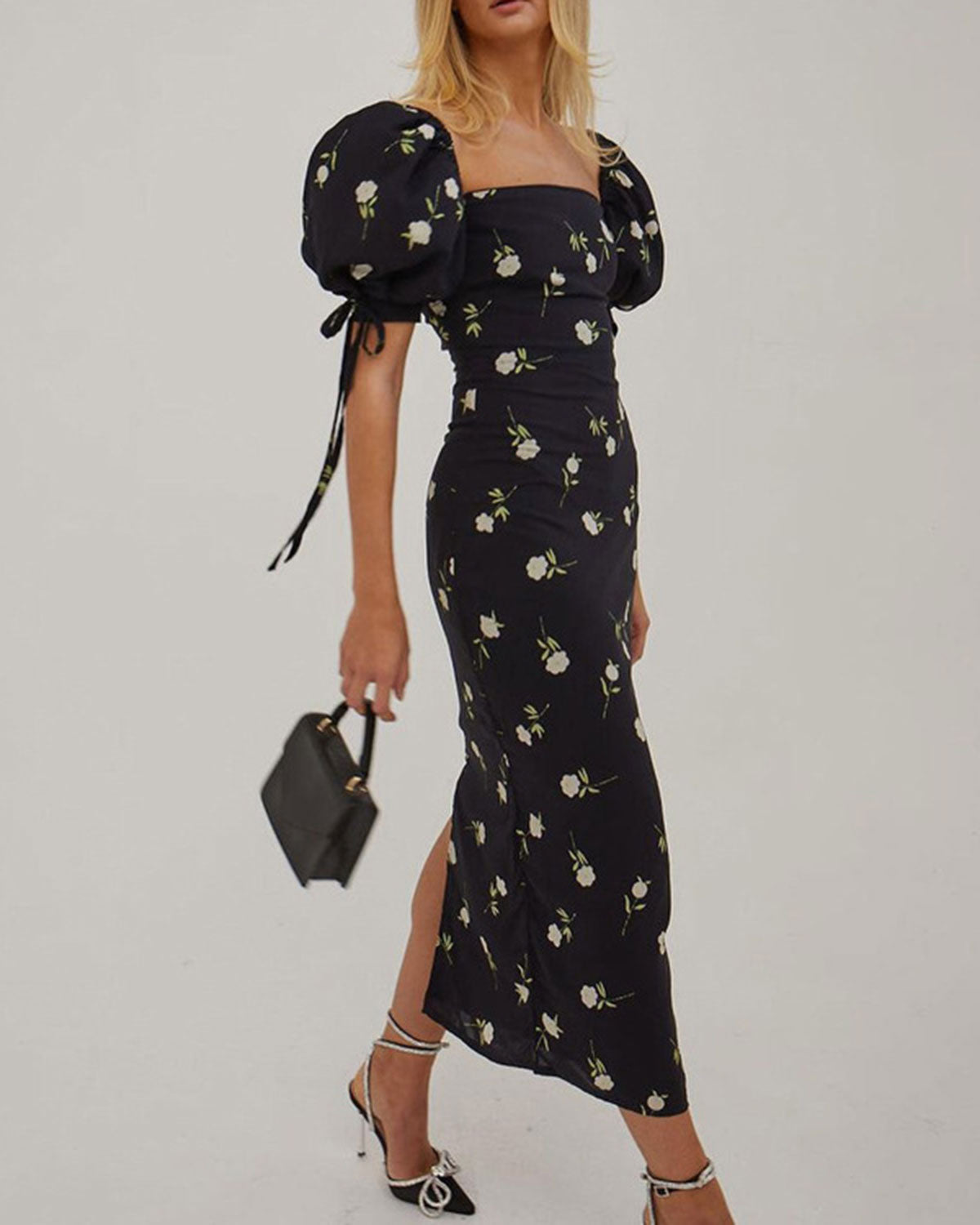 Black Square Neck Floral Midi Dress - Threadford