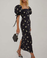 Black Square Neck Floral Midi Dress - Threadford