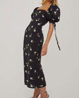 Black Square Neck Floral Midi Dress - Threadford