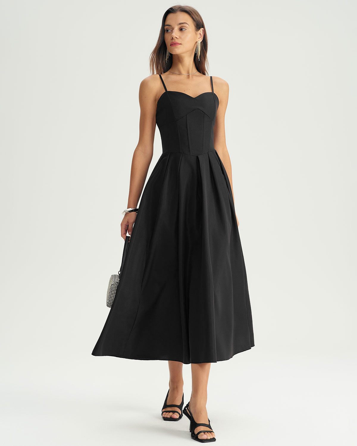 Black Pleated Slip Midi Dress - Threadford