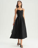Black Pleated Slip Midi Dress - Threadford