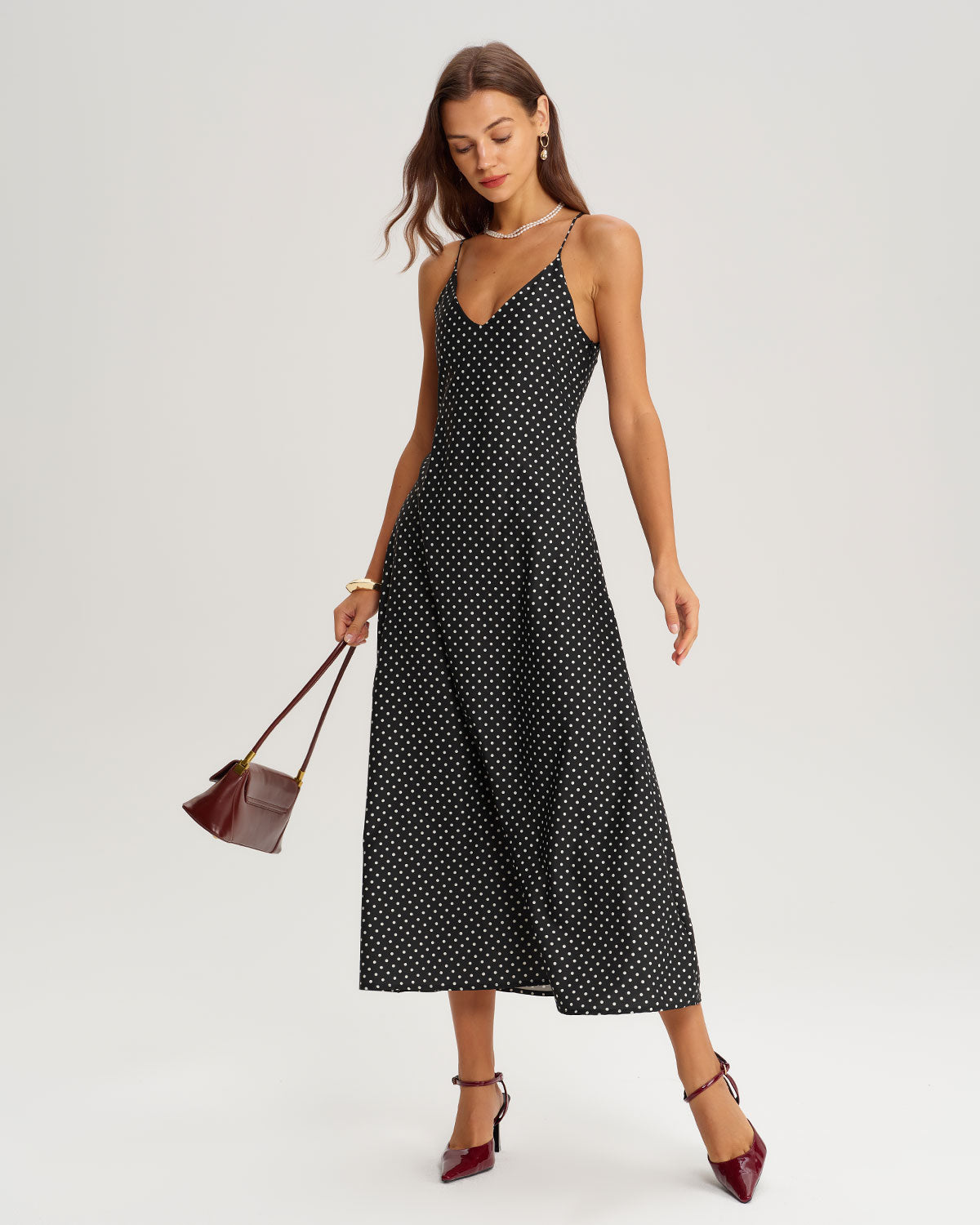 Black Polka Dot Slip Midi Dress - Threadford