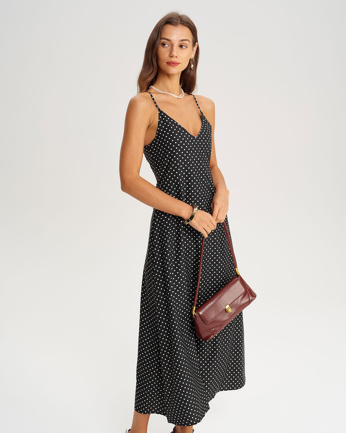 Black Polka Dot Slip Midi Dress - Threadford