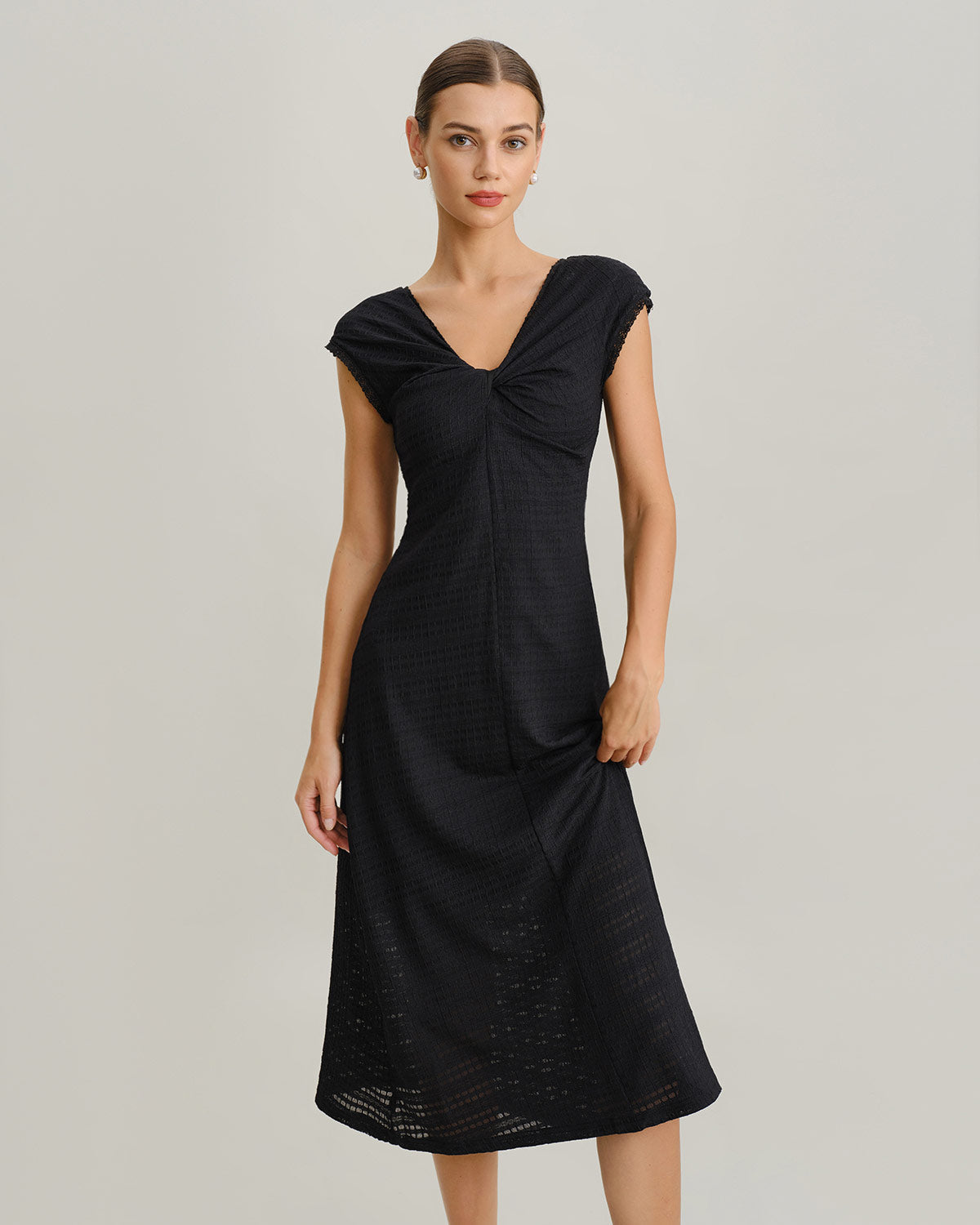 Black V Neck Cowl Sleeve A-Line Midi Dress - Threadford