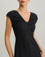 Black V Neck Cowl Sleeve A-Line Midi Dress - Threadford