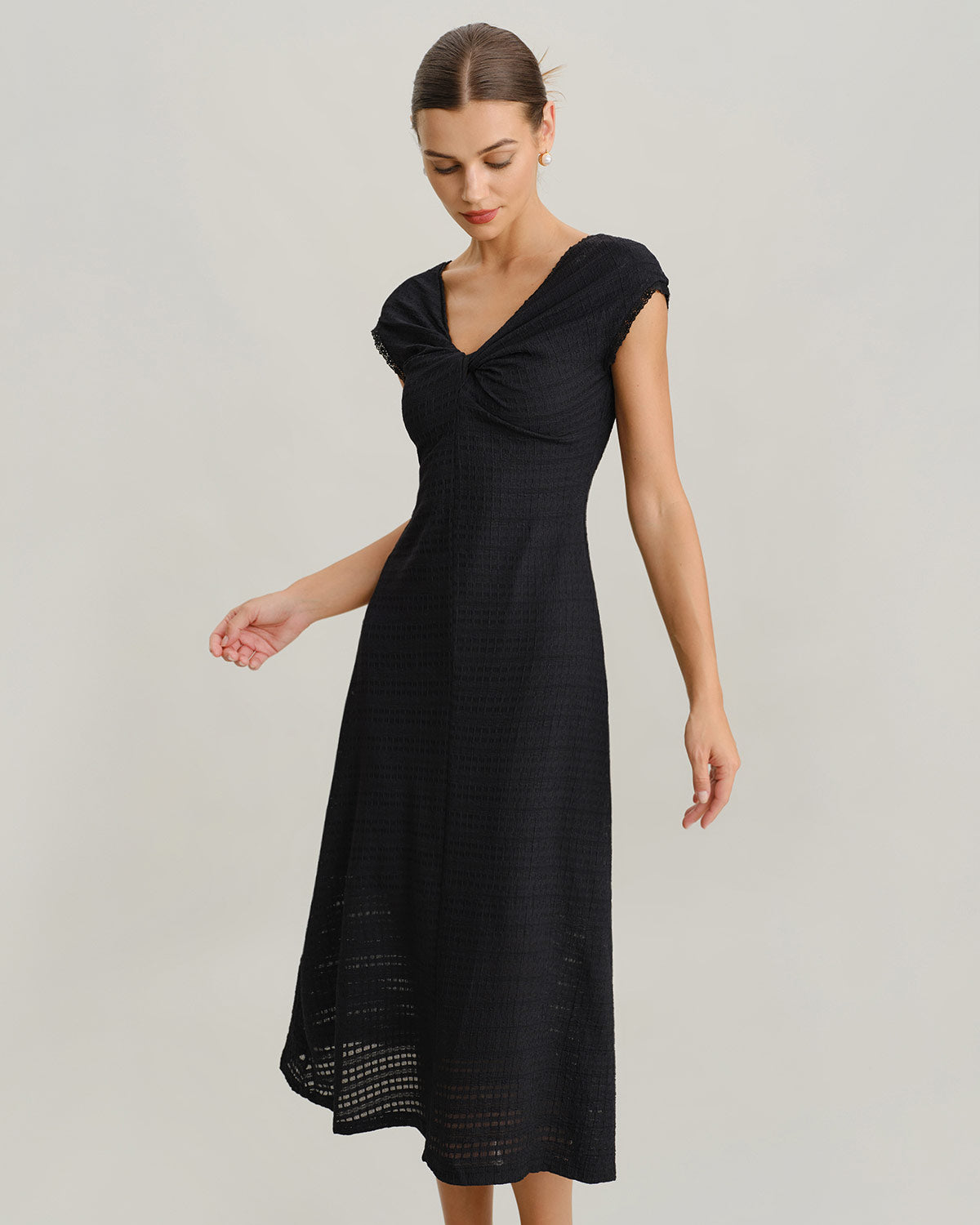 Black V Neck Cowl Sleeve A-Line Midi Dress - Threadford