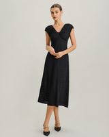 Black V Neck Cowl Sleeve A-Line Midi Dress - Threadford