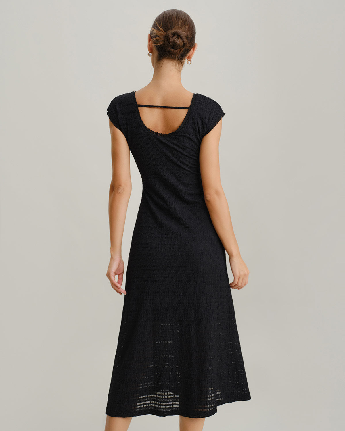 Black V Neck Cowl Sleeve A-Line Midi Dress - Threadford