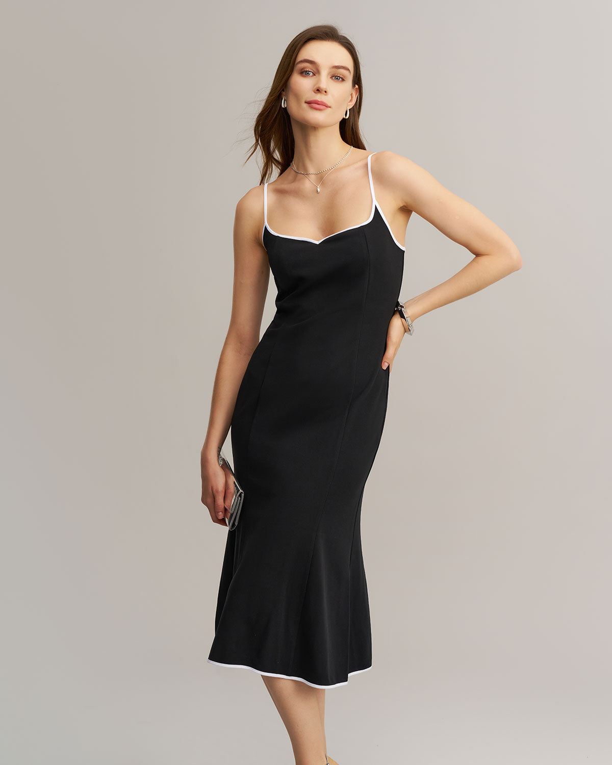 Black Contrast Sweetheart Neck Slip Midi Dress - Threadford