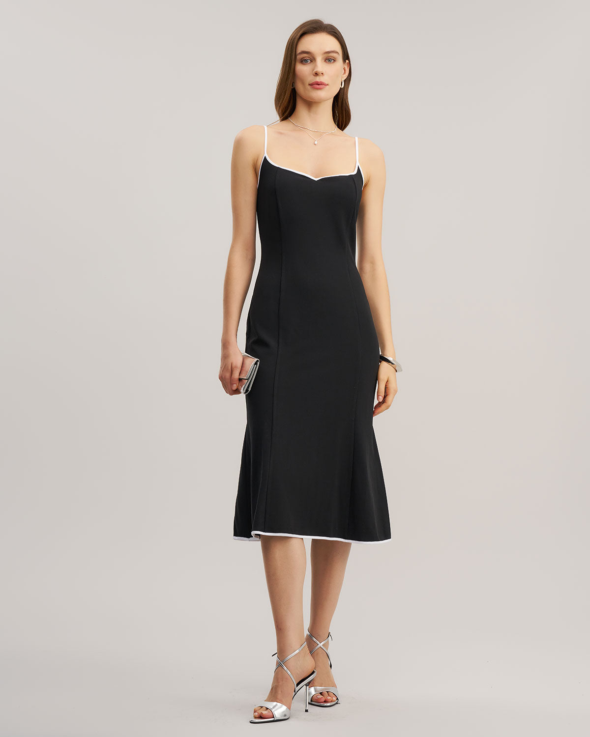 Black Contrast Sweetheart Neck Slip Midi Dress - Threadford