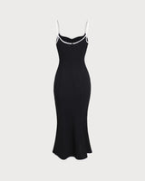 Black Contrast Sweetheart Neck Slip Midi Dress - Threadford