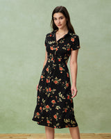 Black Floral Button A-Line Midi Dress - Threadford