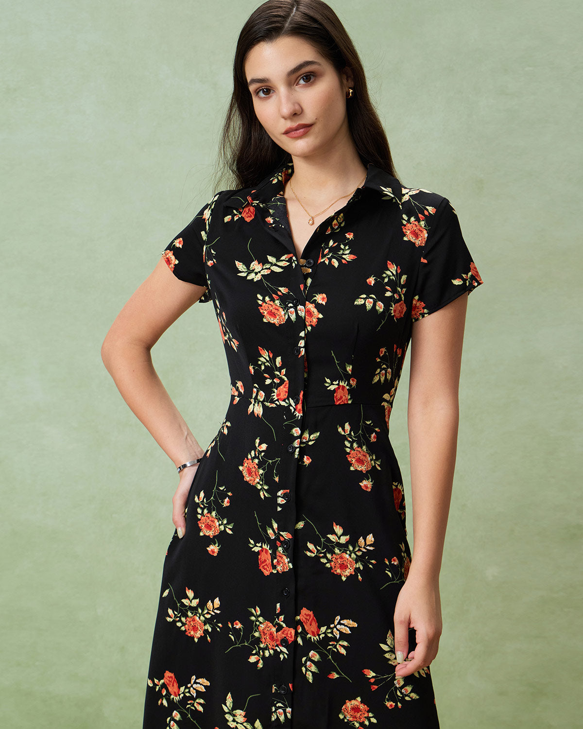Black Floral Button A-Line Midi Dress - Threadford