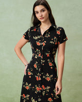 Black Floral Button A-Line Midi Dress - Threadford