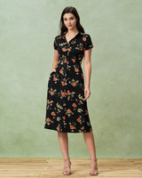 Black Floral Button A-Line Midi Dress - Threadford