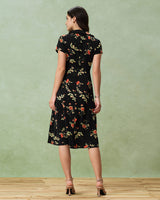 Black Floral Button A-Line Midi Dress - Threadford