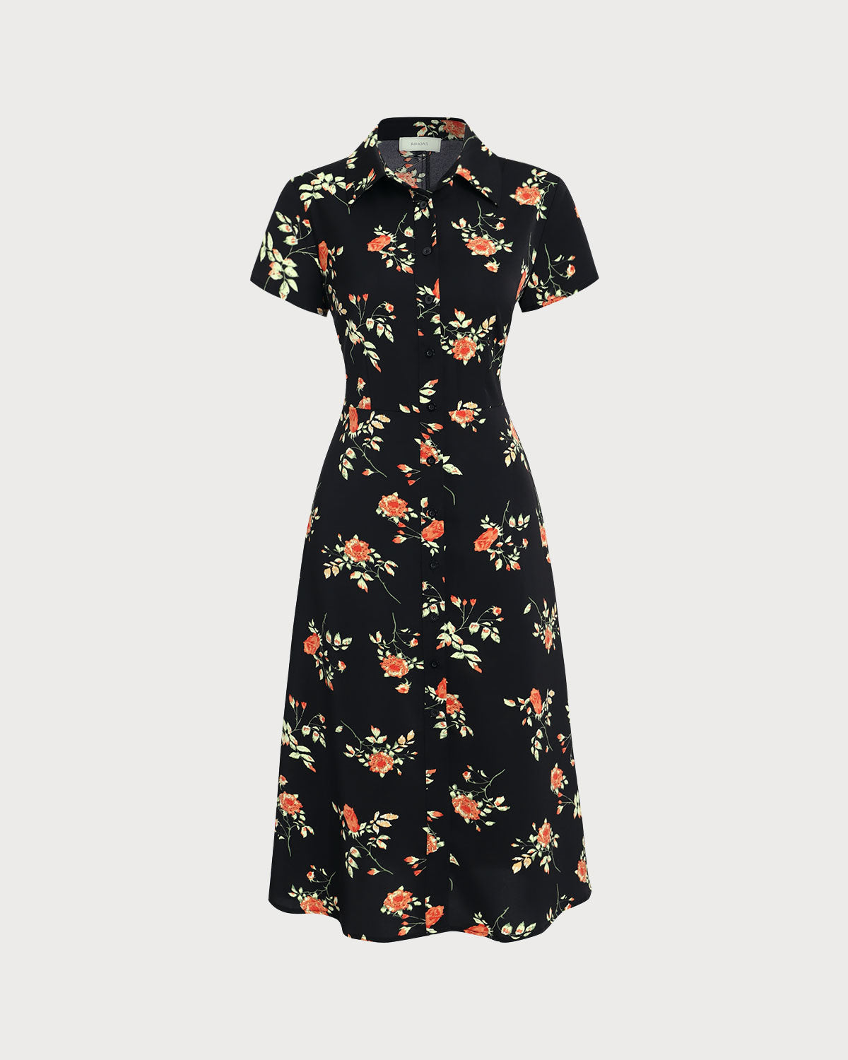 Black Floral Button A-Line Midi Dress - Threadford