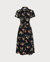 Black Floral Button A-Line Midi Dress - Threadford