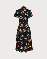 Black Floral Button A-Line Midi Dress - Threadford