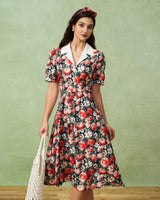 Black Floral Contrast Midi Dress - Threadford