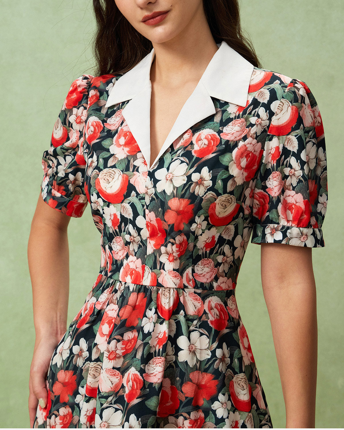 Black Floral Contrast Midi Dress - Threadford