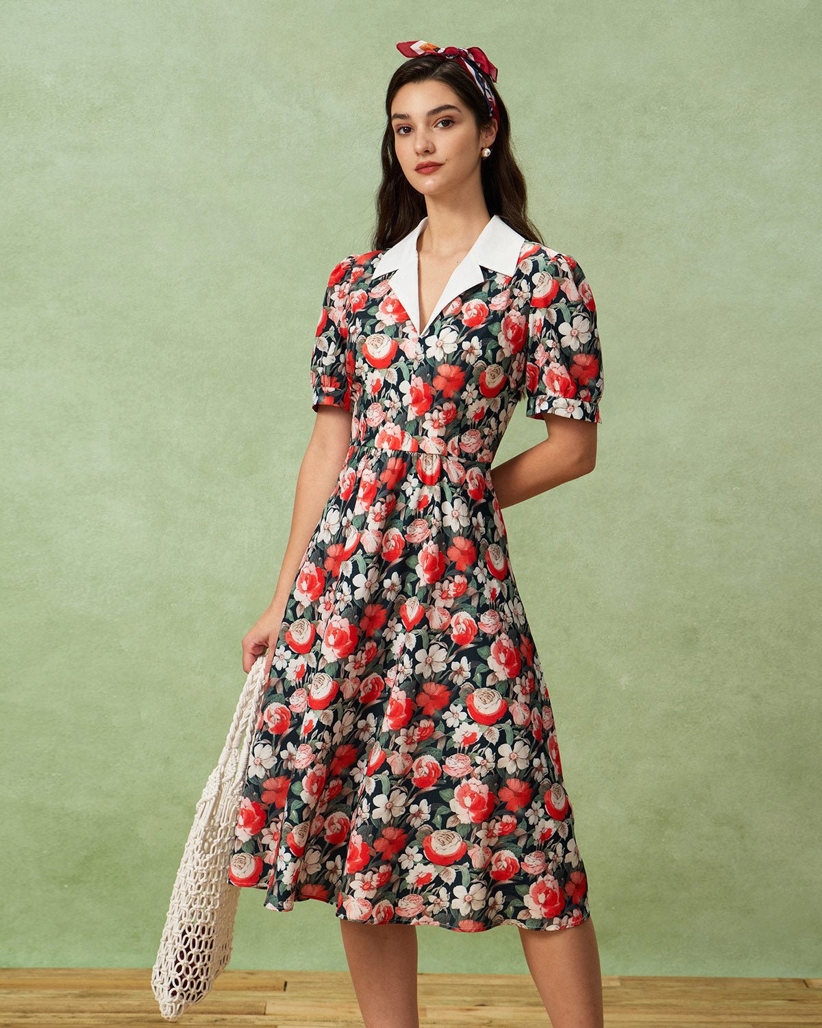 Black Floral Contrast Midi Dress - Threadford