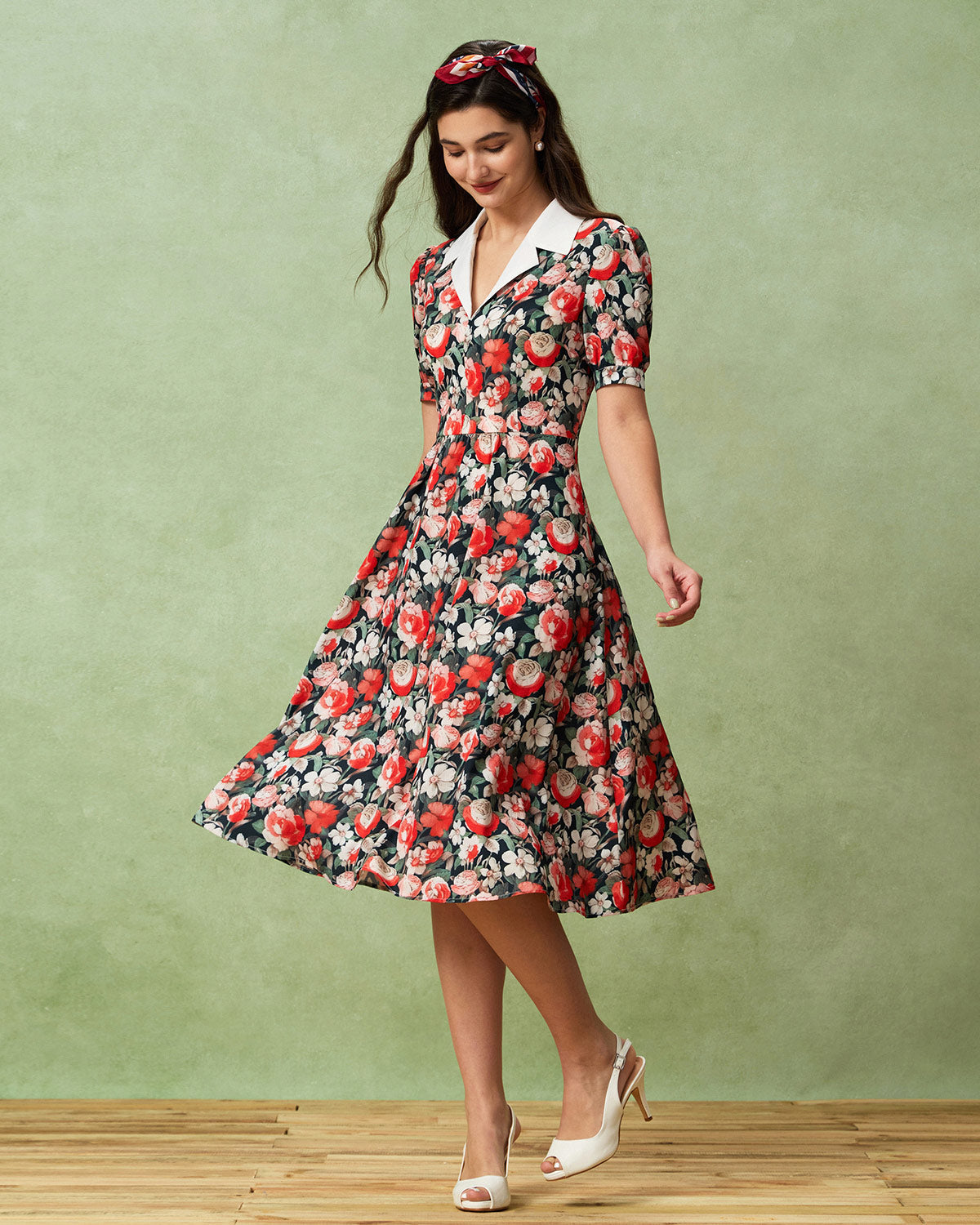 Black Floral Contrast Midi Dress - Threadford