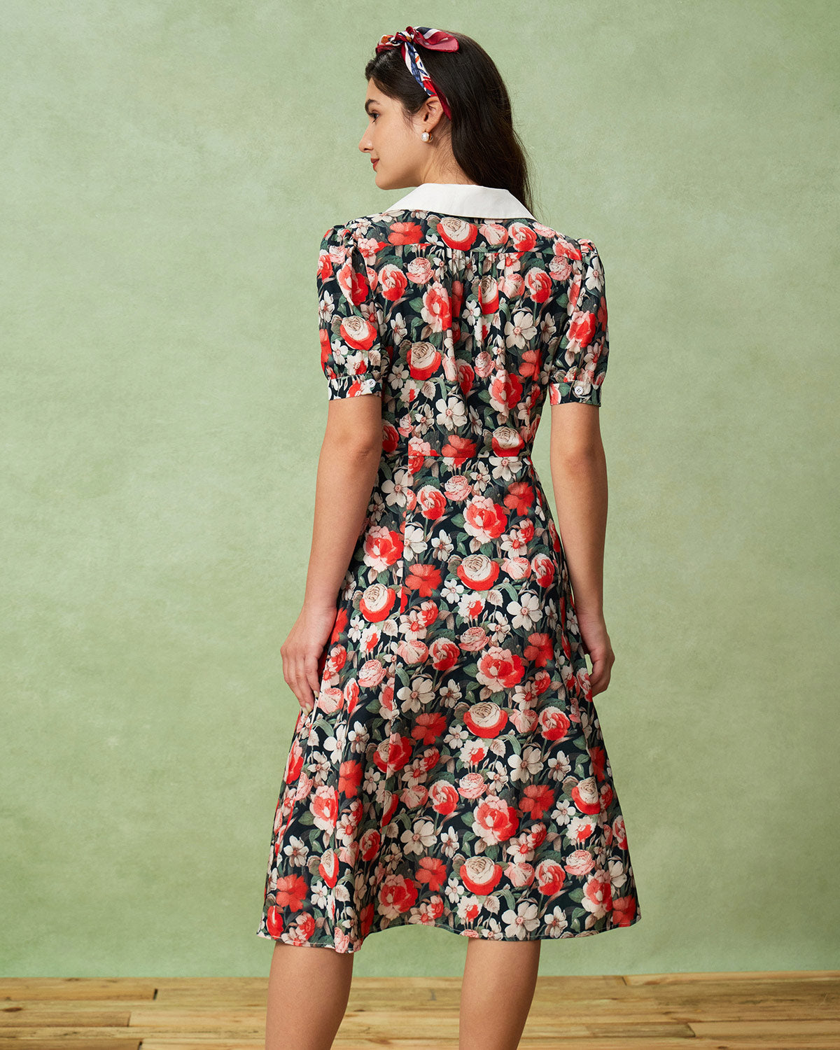 Black Floral Contrast Midi Dress - Threadford