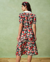 Black Floral Contrast Midi Dress - Threadford