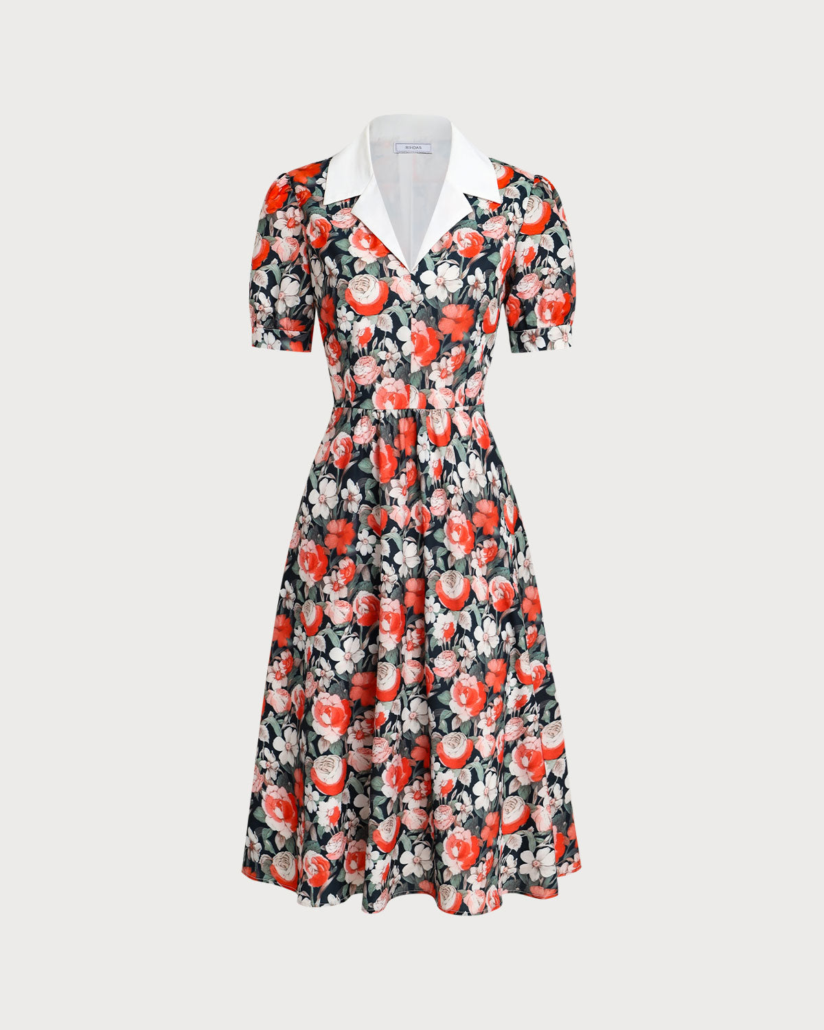 Black Floral Contrast Midi Dress - Threadford