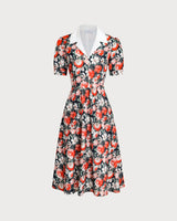 Black Floral Contrast Midi Dress - Threadford