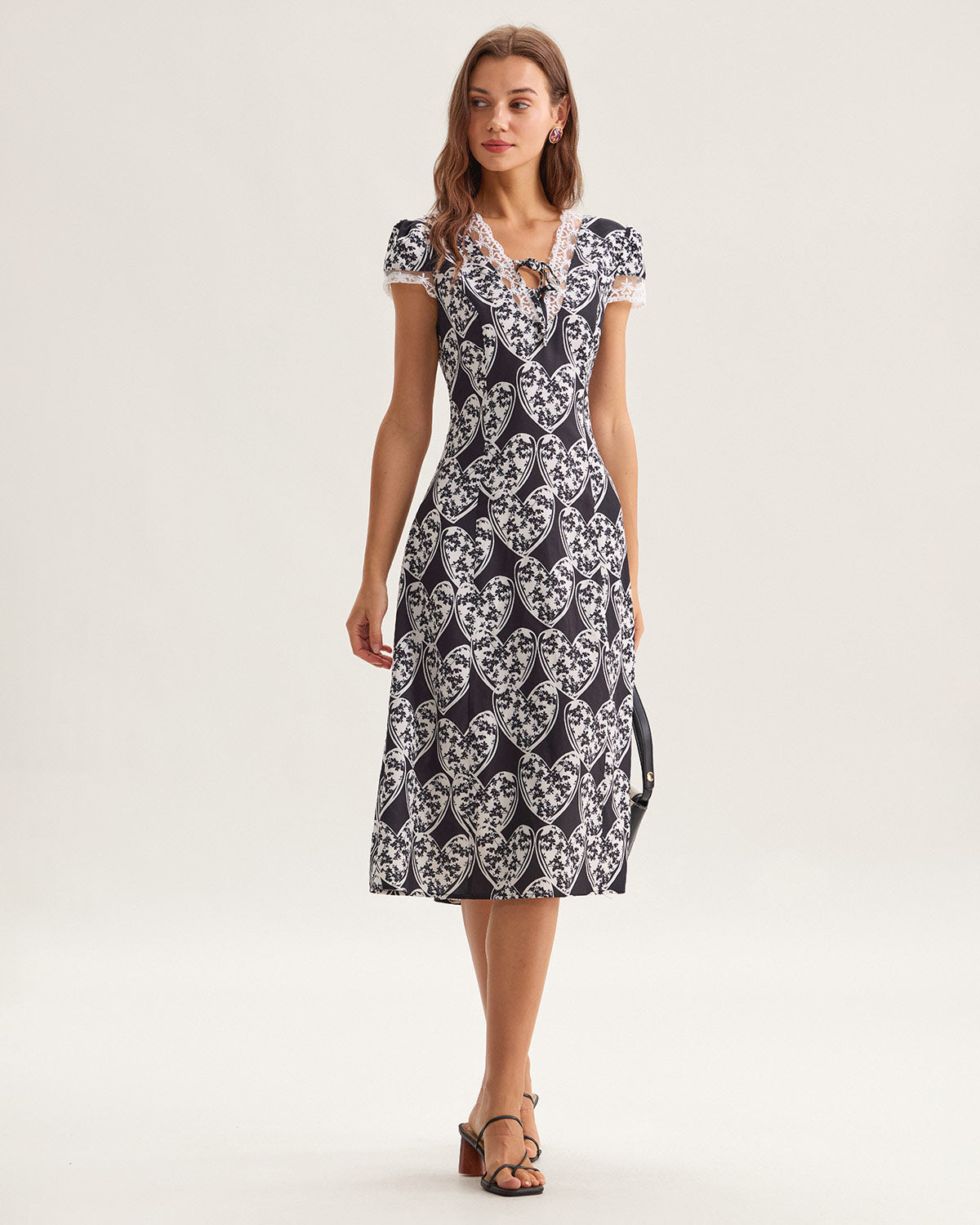 Black Floral Lace Trim Midi Dress - Threadford