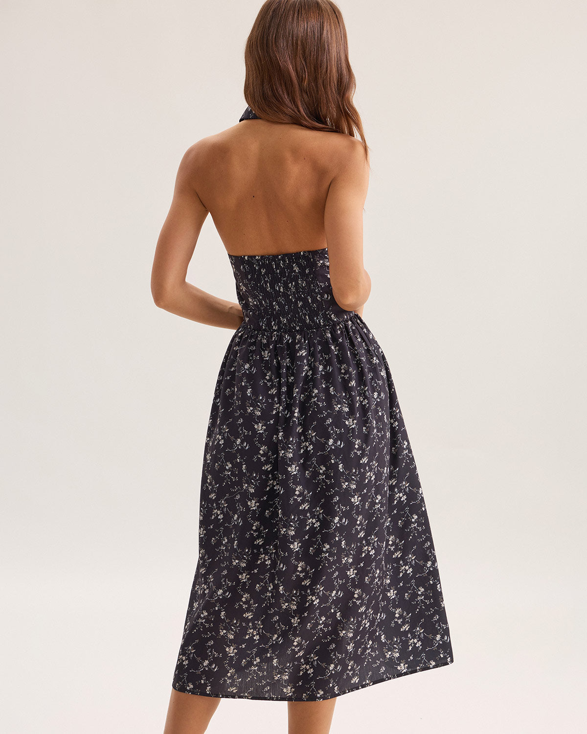 Black Floral Shirred Backless Midi Dress - Threadford