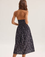 Black Floral Shirred Backless Midi Dress - Threadford