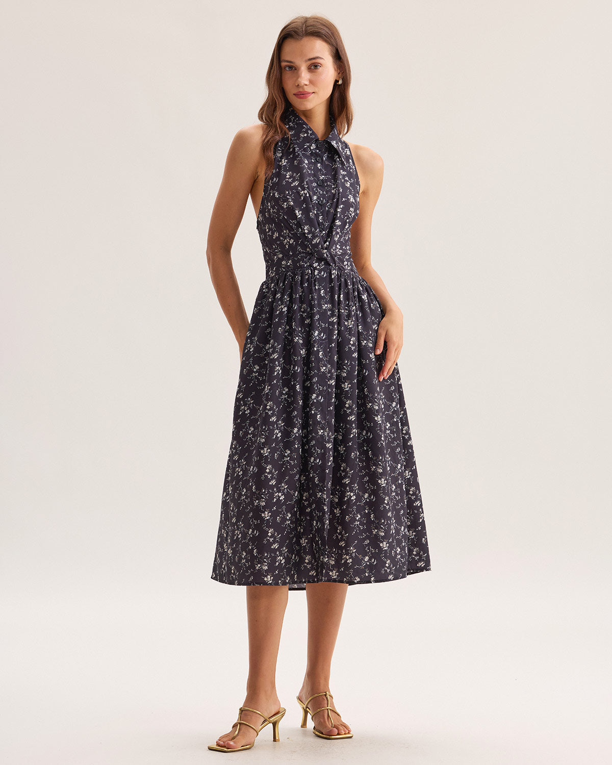 Black Floral Shirred Backless Midi Dress - Threadford