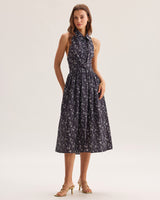 Black Floral Shirred Backless Midi Dress - Threadford