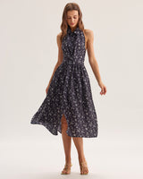 Black Floral Shirred Backless Midi Dress - Threadford