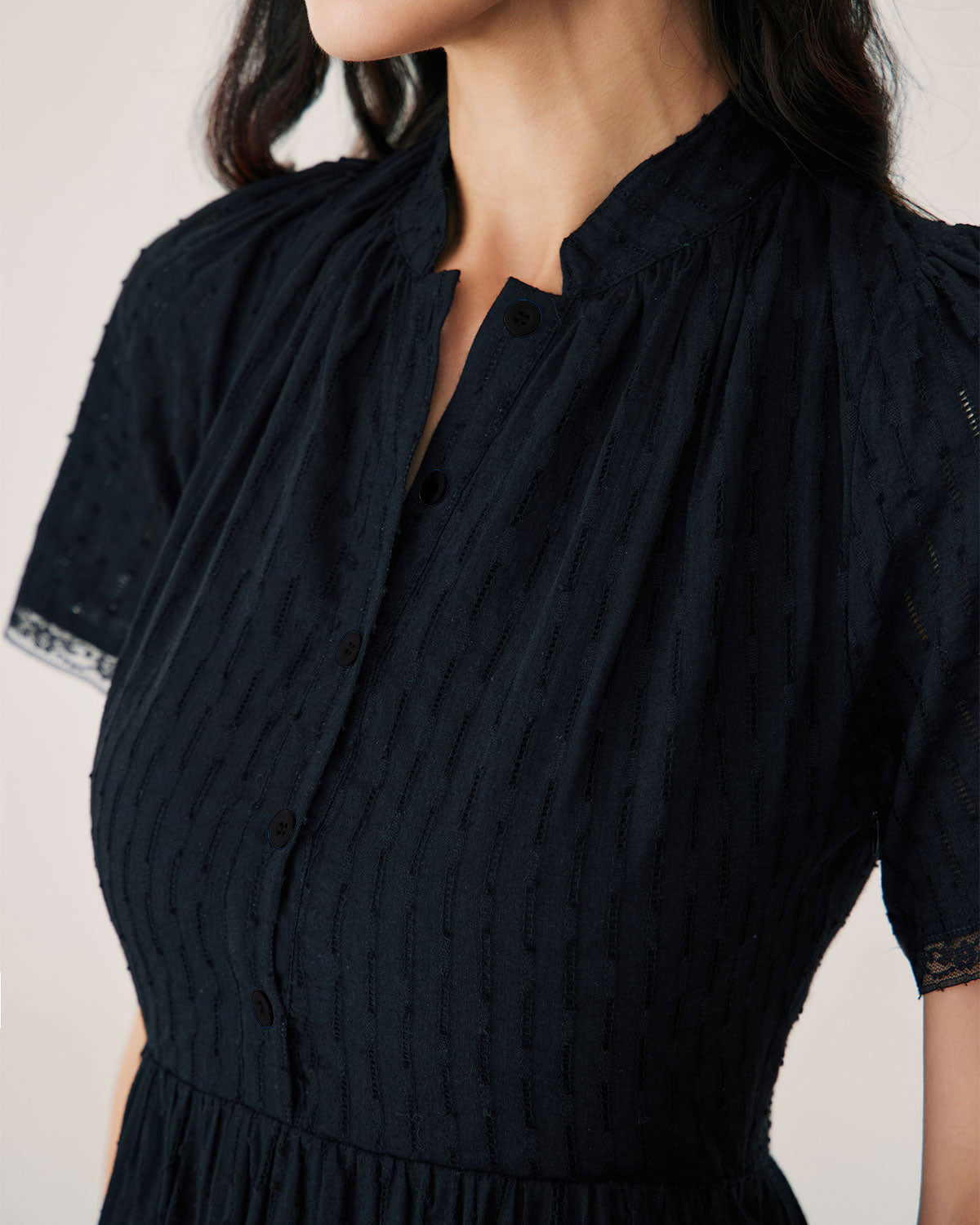 Black Lace Button Midi Dress - Threadford