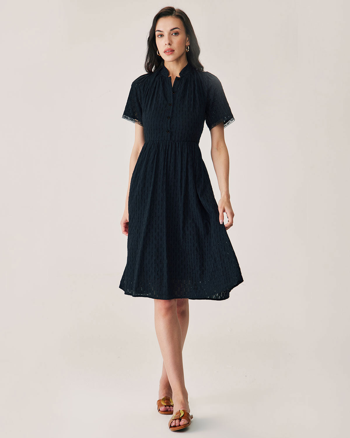Black Lace Button Midi Dress - Threadford