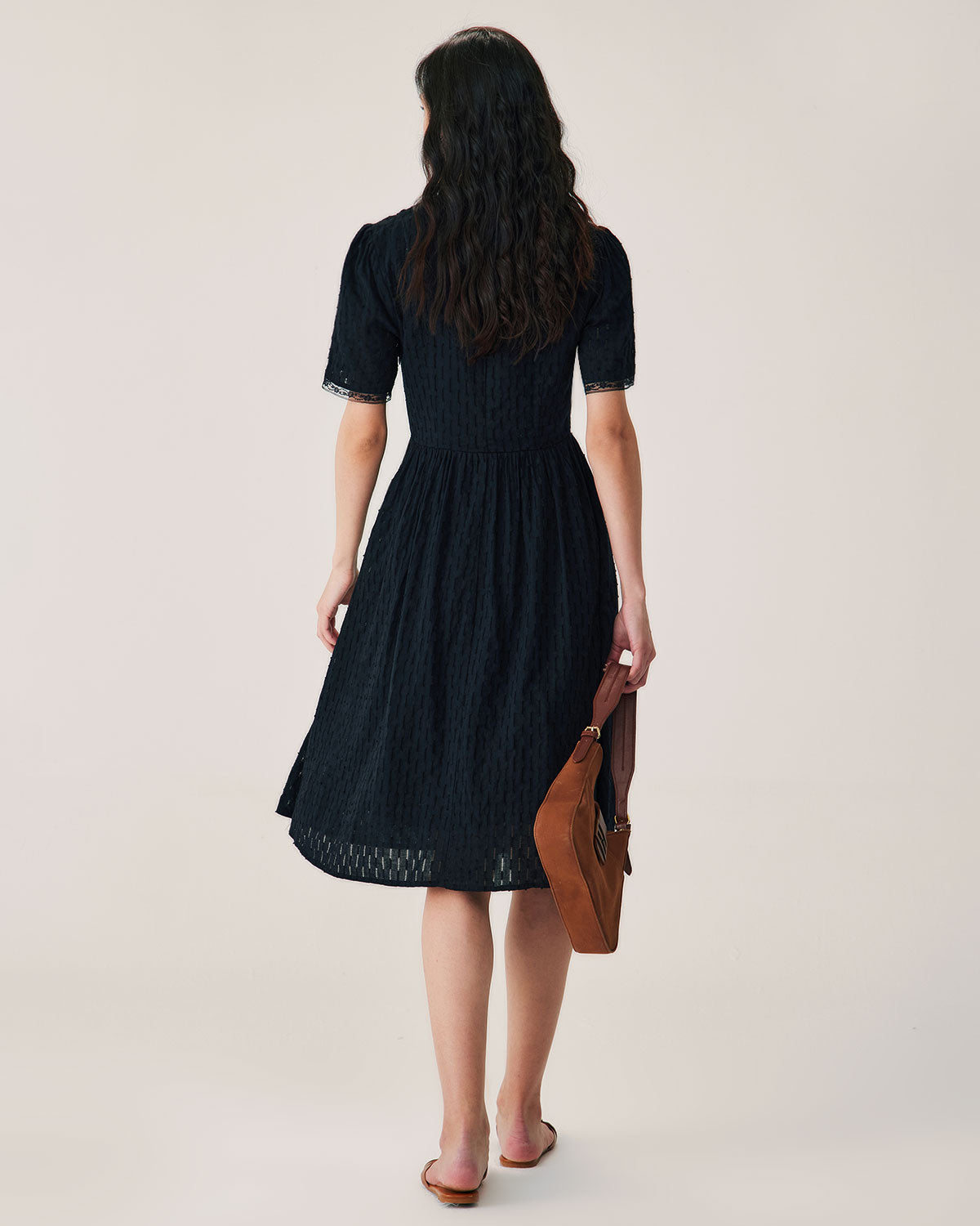 Black Lace Button Midi Dress - Threadford