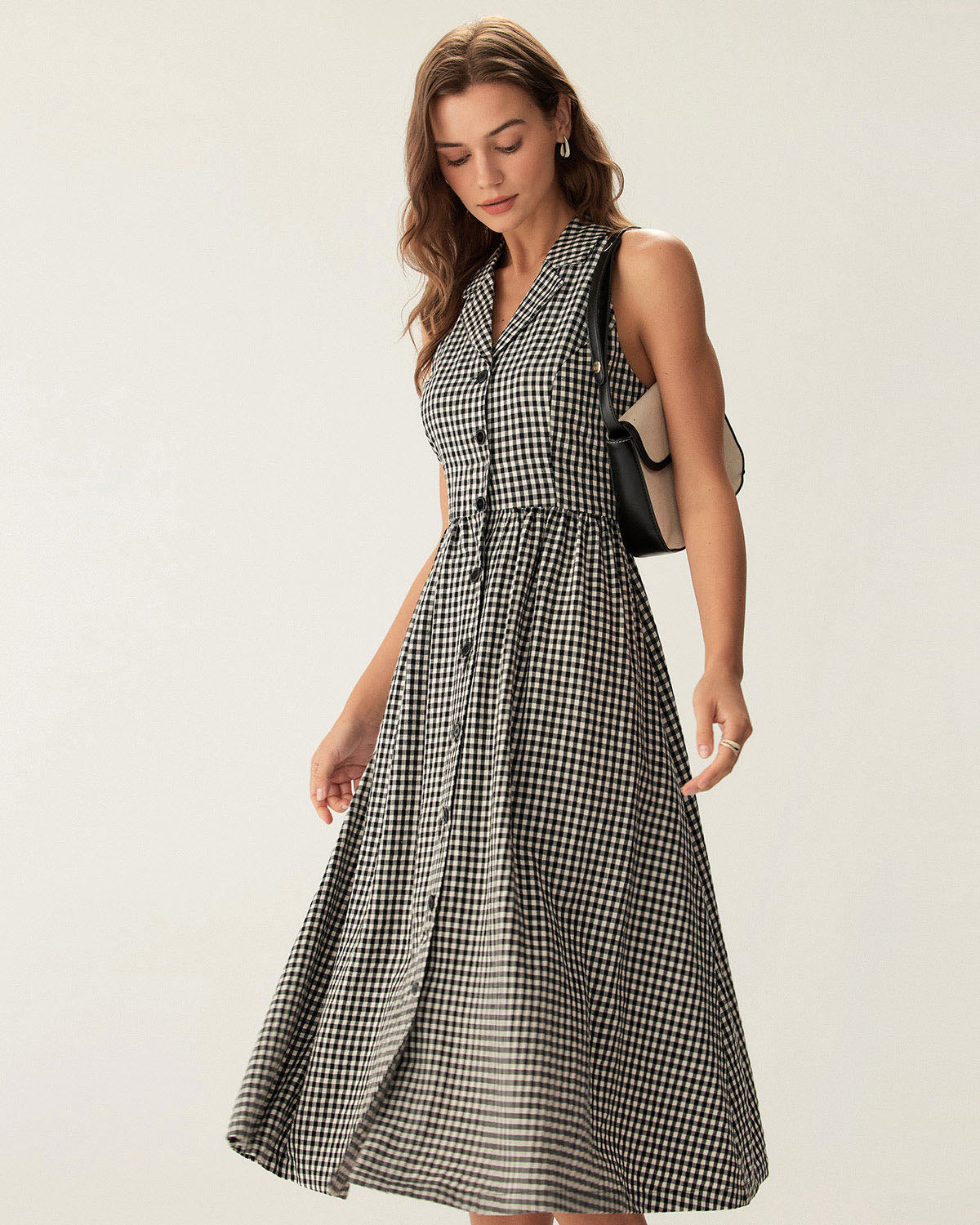 Black Plaid Sleeveless Button Midi Dress - Threadford