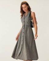 Black Plaid Sleeveless Button Midi Dress - Threadford