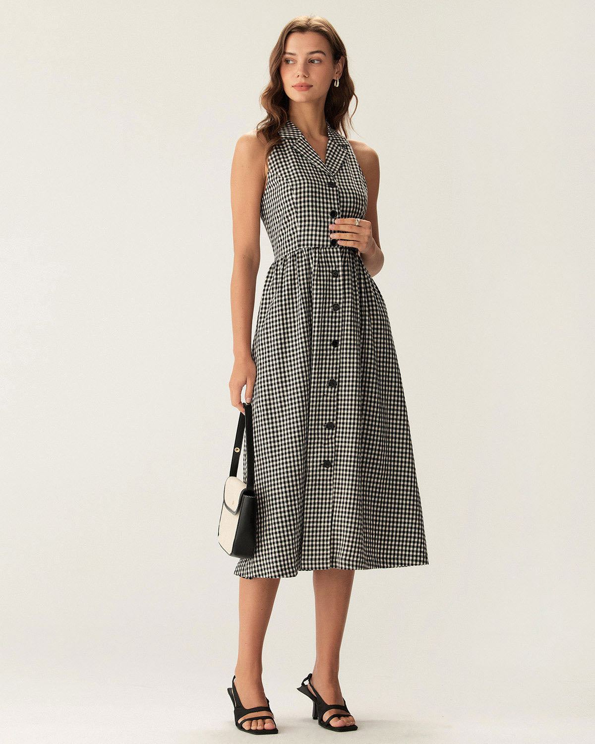 Black Plaid Sleeveless Button Midi Dress - Threadford