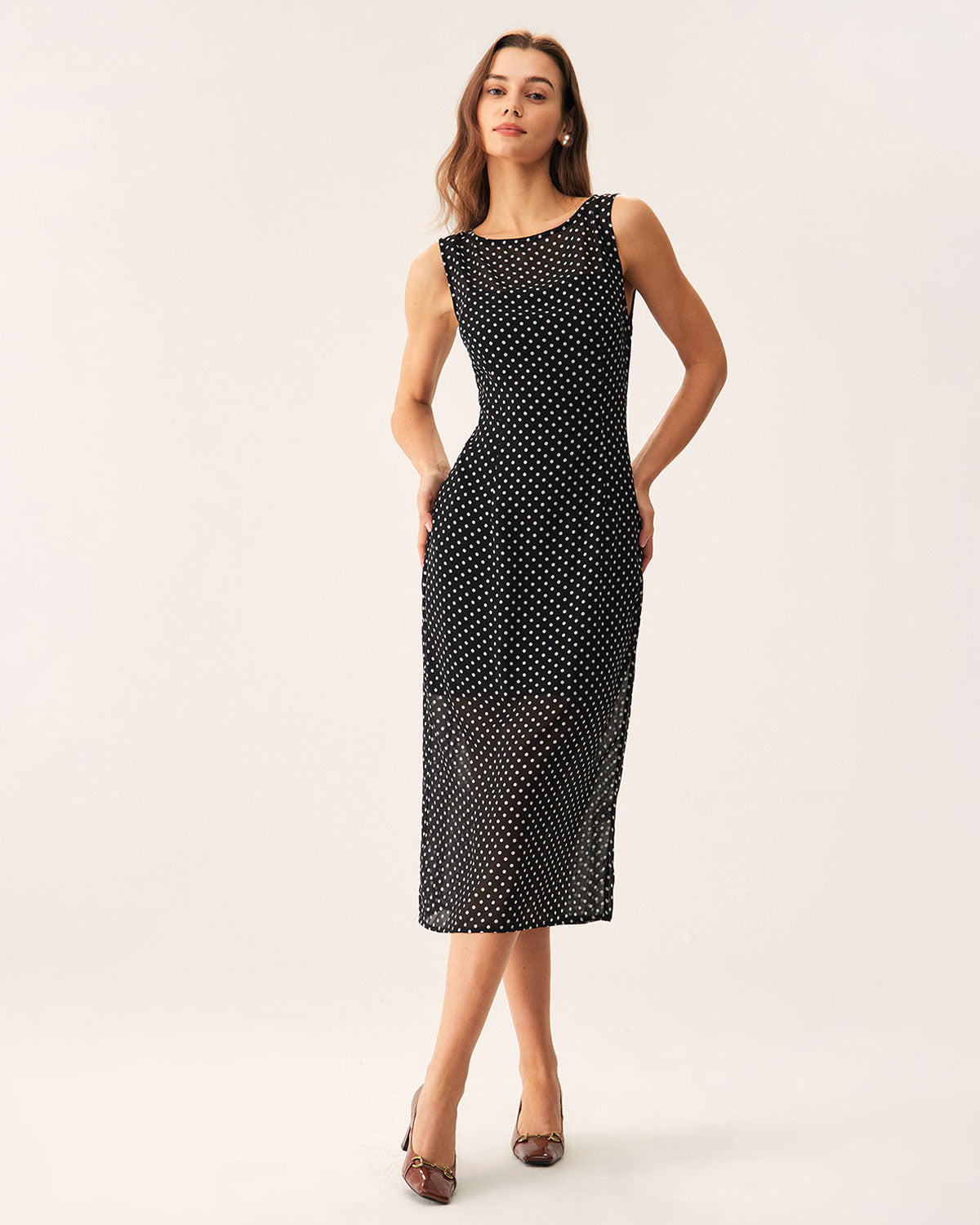 Black Polka Dot Boat Neck Midi Dress - Threadford