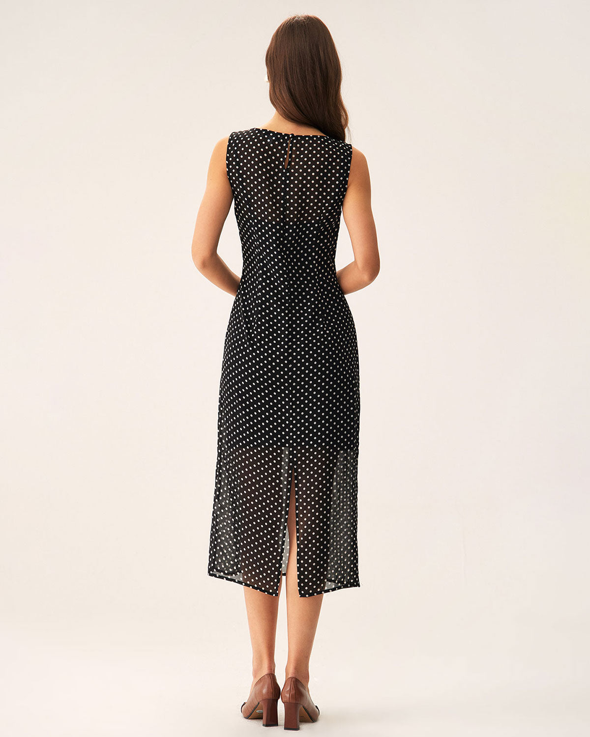 Black Polka Dot Boat Neck Midi Dress - Threadford