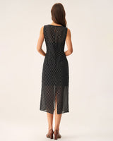 Black Polka Dot Boat Neck Midi Dress - Threadford