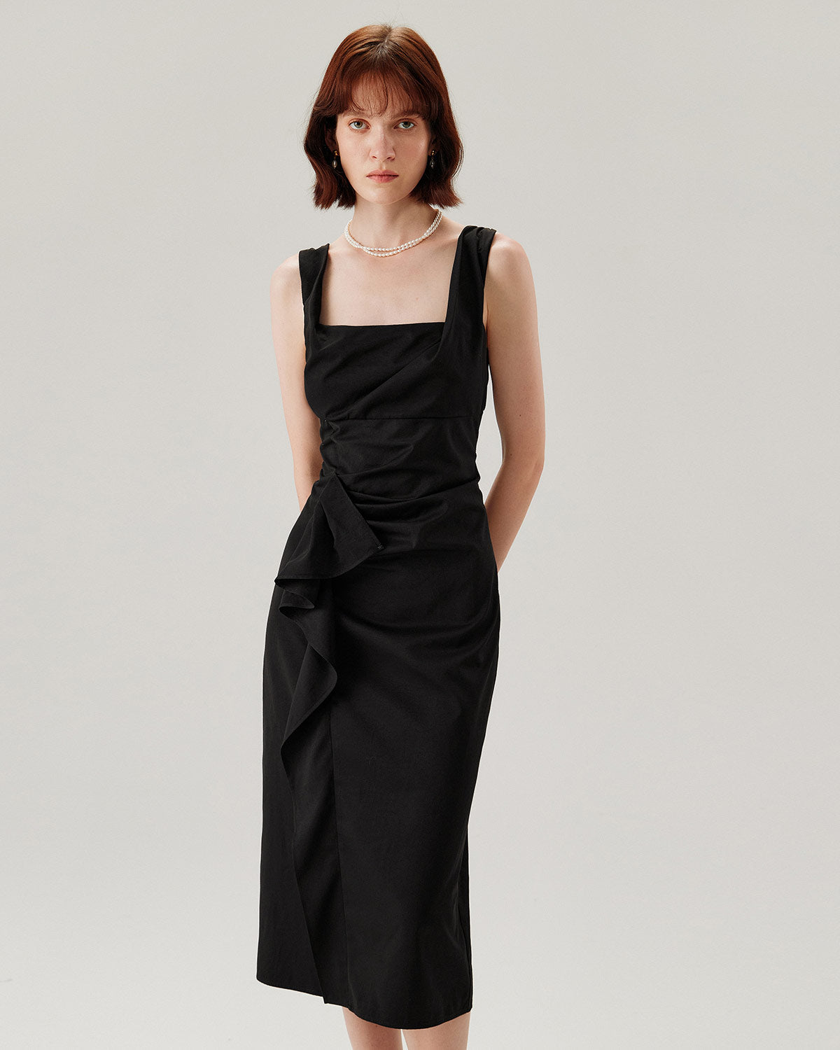 Black Ruffle Ruched Slip Midi Dress - Threadford