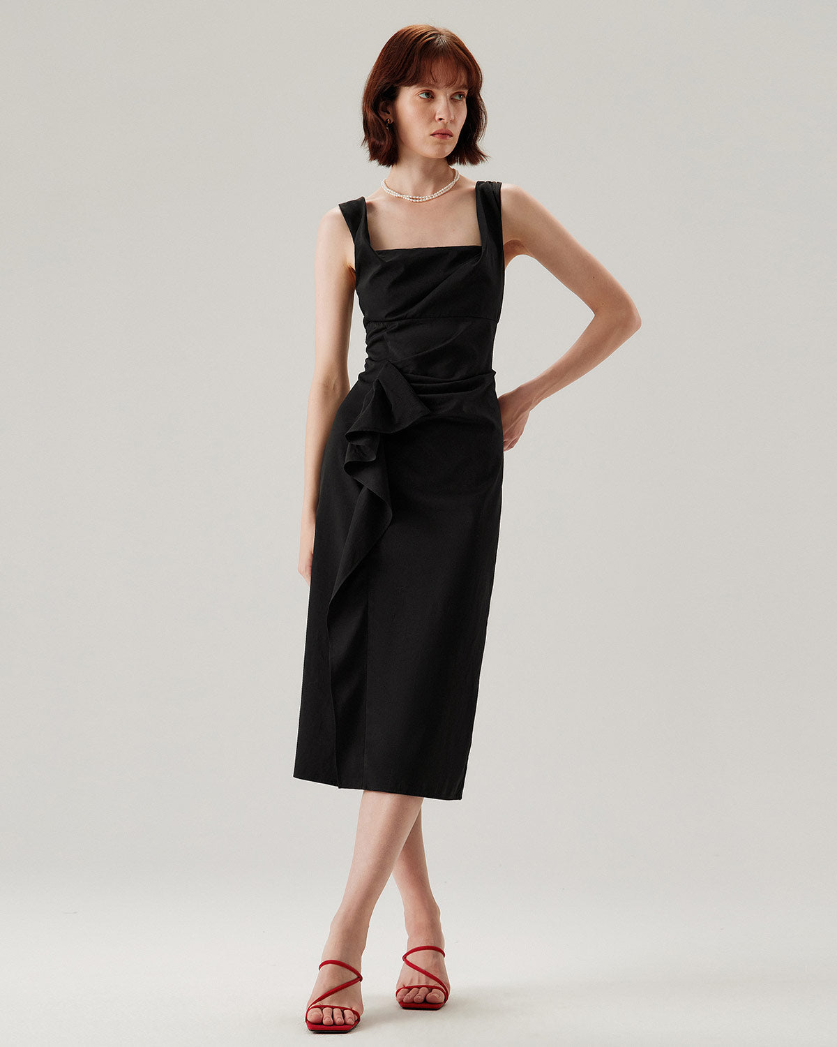Black Ruffle Ruched Slip Midi Dress - Threadford