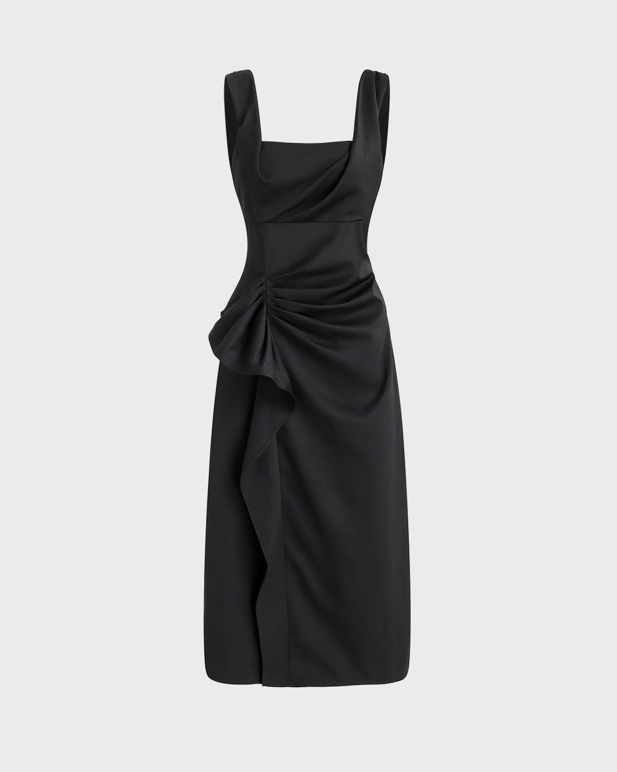 Black Ruffle Ruched Slip Midi Dress - Threadford