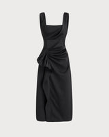Black Ruffle Ruched Slip Midi Dress - Threadford